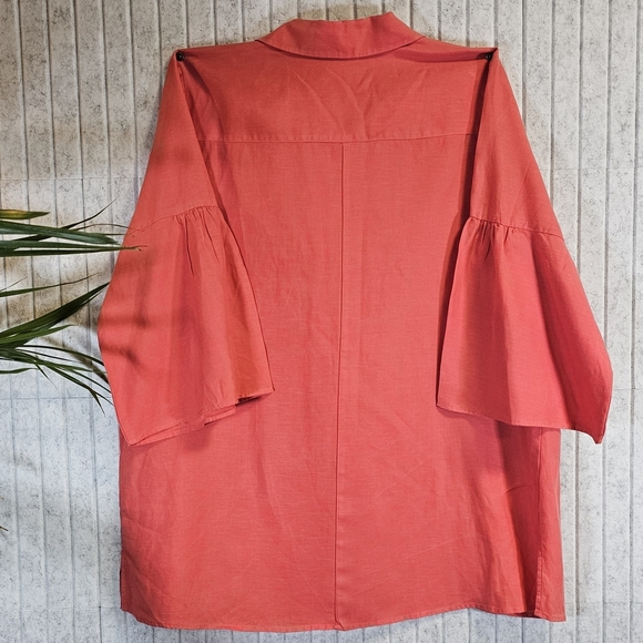 Soft Surroundings Coral Linen Blend Tunic Top 1X Bell Sleeve Button Front - Picture 2 of 2